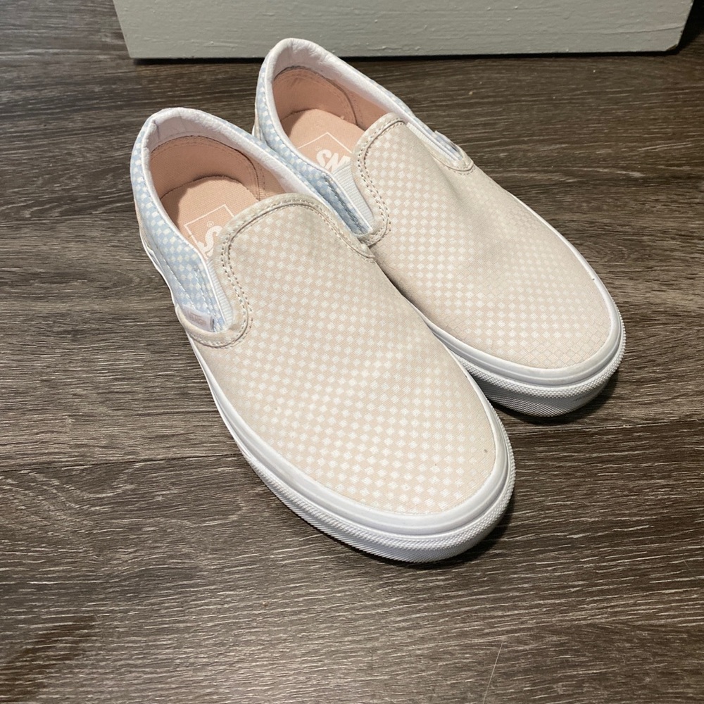 Pink and blue checkered vans slip ons